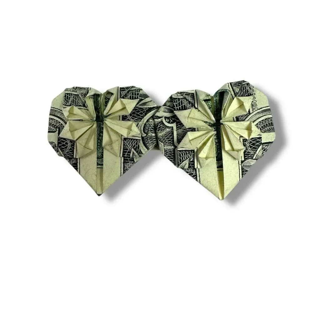 Origami Double Heart Dollar Bill Artsy Gift‎ Easter Basket Cute Hand Folded